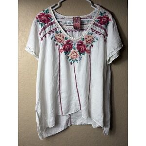 Johnny Was White  L  Embroidered Tunic Top Floral Colorful Floral Festival